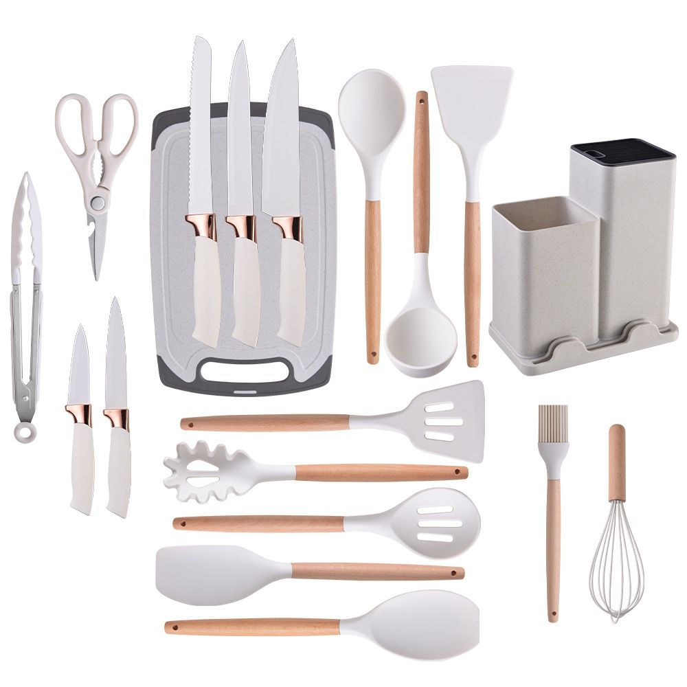 Silicone 19-Piece Non-Stick Cookware Spatula Spoon Kitchenware With Storage Bucket Knife Combination Set_voghion.com