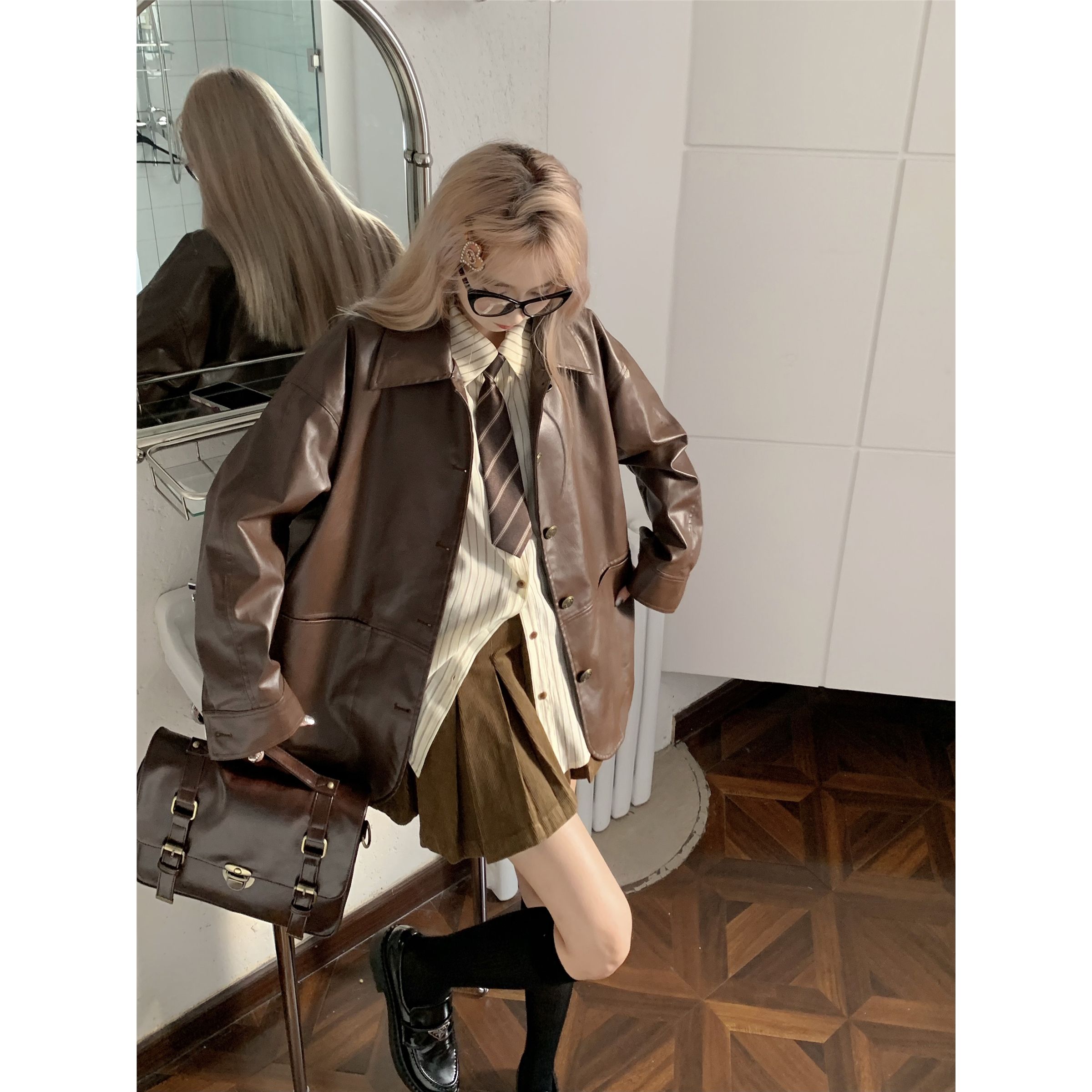 American retro brown leather motorcycle jacket for women in autumn small loose long-sleeved cardigan lapel jacket top