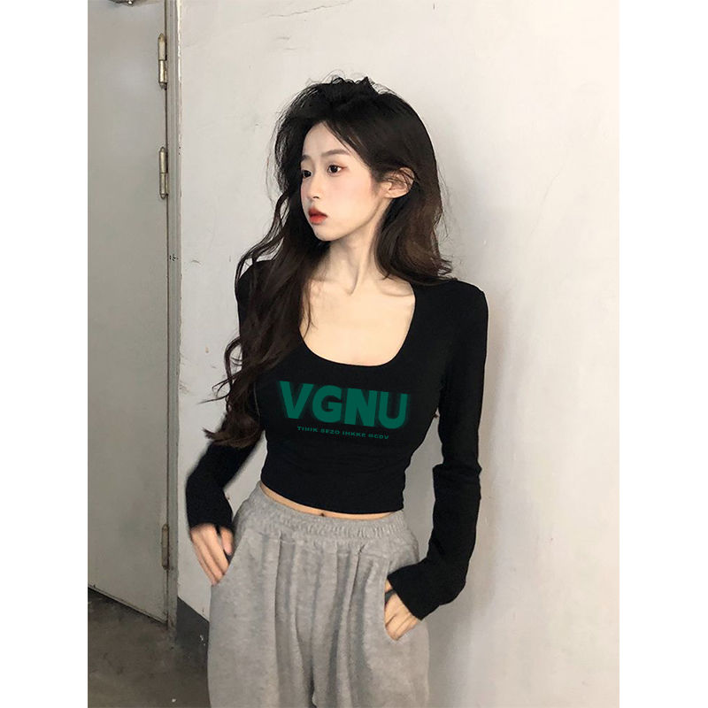 純欲風短款長袖T恤女春秋正肩U領純棉外穿內搭甜辣妹上衣打底衫潮