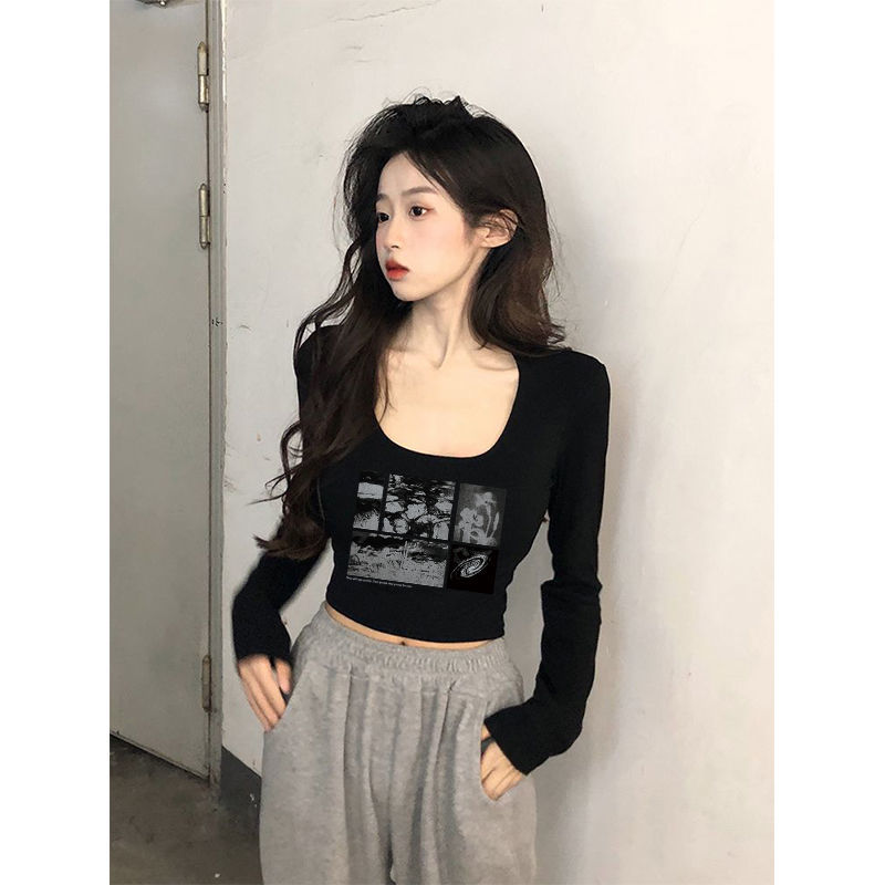 方口領純欲風長袖T恤女新款春秋設計感小眾修身顯瘦短款辣妹上衣