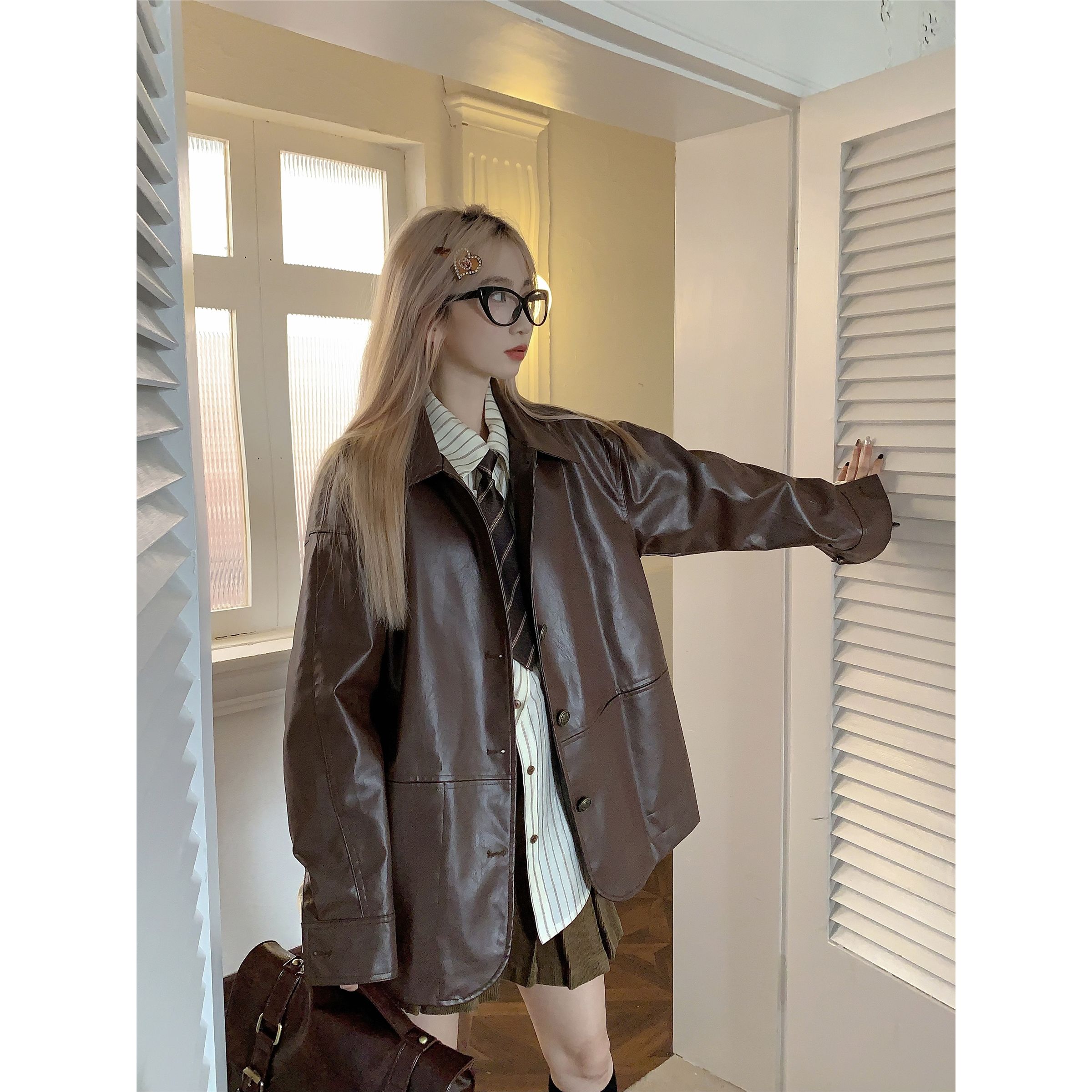 American retro brown leather motorcycle jacket for women in autumn small loose long-sleeved cardigan lapel jacket top