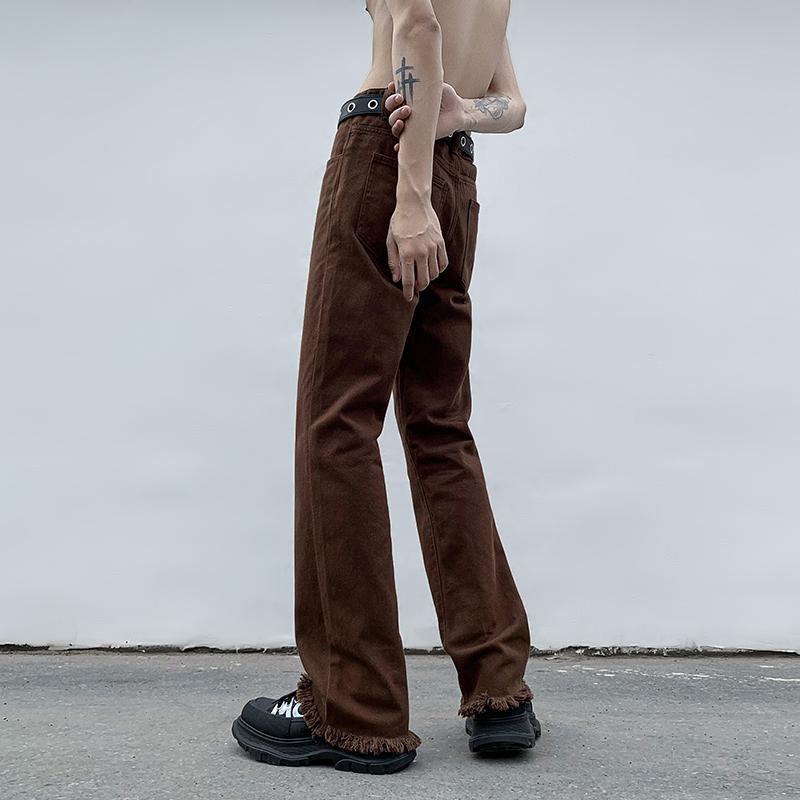 Brown trousers for men in spring American style high street raw edge bootcut jeans trendy brand handsome straight leg loose wide leg trousers