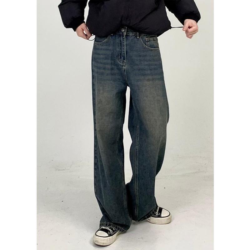 American retro high street washed jeans for men and women, trendy loose casual straight-leg dad floor-length wide-leg trousers