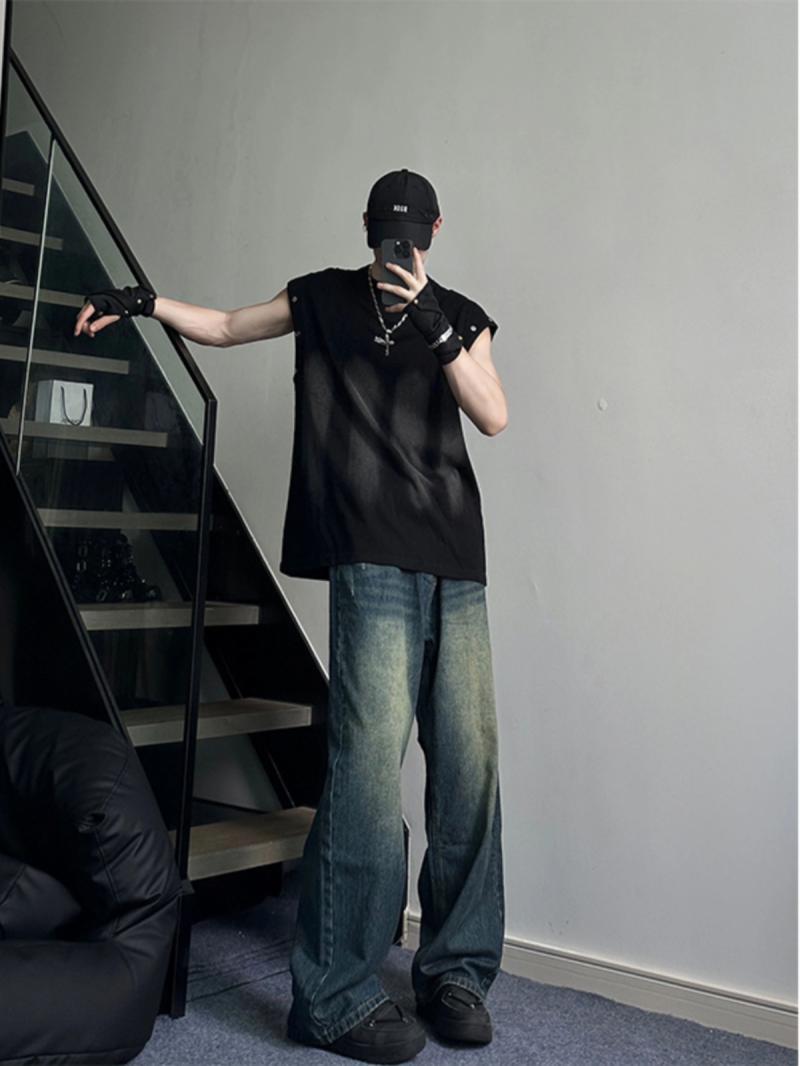 Dark blue American retro jeans for tall men in autumn, Jiangsu, Zhejiang, and Shanghai pants, straight-leg, slightly flared, wide-leg pants