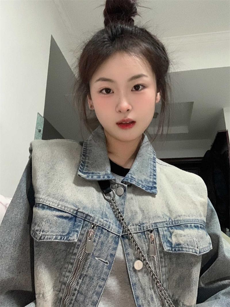 American retro heavy industry washed right-angle shoulder pad denim jacket jacket for men and women spring new high-end trendy tops