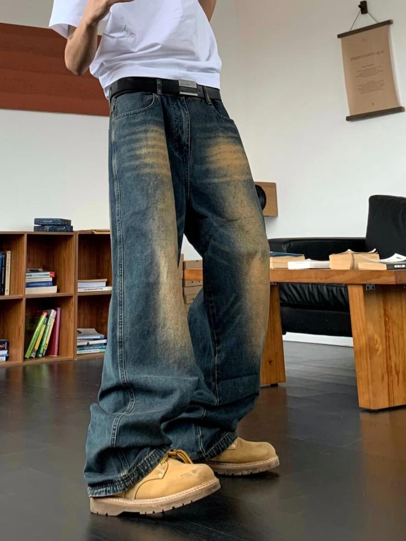 美式復古拖地牛仔褲男高街ins潮牌水洗貓須寬鬆闊腿垂墜感長褲子