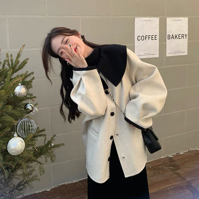 Baby doll collar contrasting color short woolen coat for women spring  new age-reducing versatile fashionable top for little people