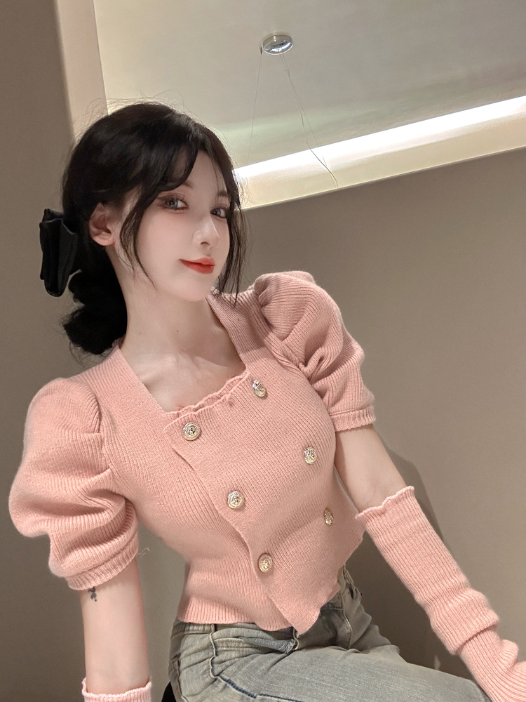 小香風泡泡袖打底衫女秋裝內搭獨特别致袖套上衣顯瘦短款方領毛衣