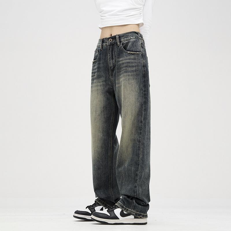 American retro dark blue yellow mud washed soft jeans elastic waist distressed gradient straight pants