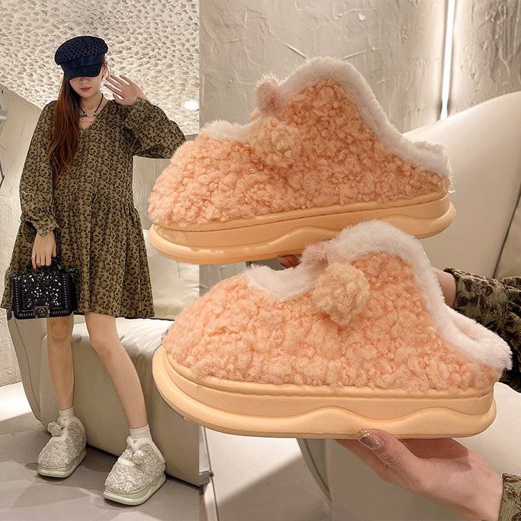 可愛羊羔毛豆豆鞋女蝴蝶結奶呼呼鞋2023春新款加絨保暖棉鞋雪地靴