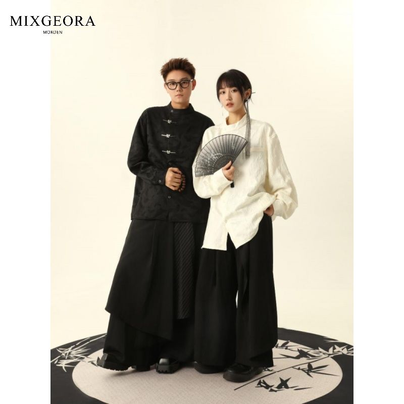 MIX GEORA new Chinese style long-sleeved shirt for men in autumn loose slimming pleated textured stand collar national style top