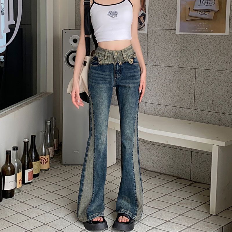 美式牛仔褲女馬蹄長褲春秋款撞色拼接高腰懷舊拖地直筒微喇叭褲子