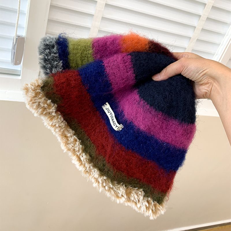 Autumn and winter new hat women's retro niche design knitted furry fisherman hat colorful warm ear protection plush hat