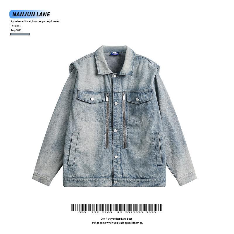 NANJUN LANE American washed denim jacket for men and women ins fashion brand niche shoulder pad design versatile jacket