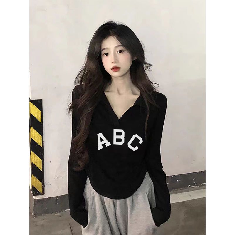 設計感短款上衣女2023春季新款修身顯瘦黑色polo領長袖t恤打底衫