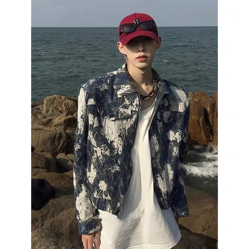 Gradient tie-dye jacket men's spring and autumn new vintage jacquard shoulder pad jacket American short baroque top