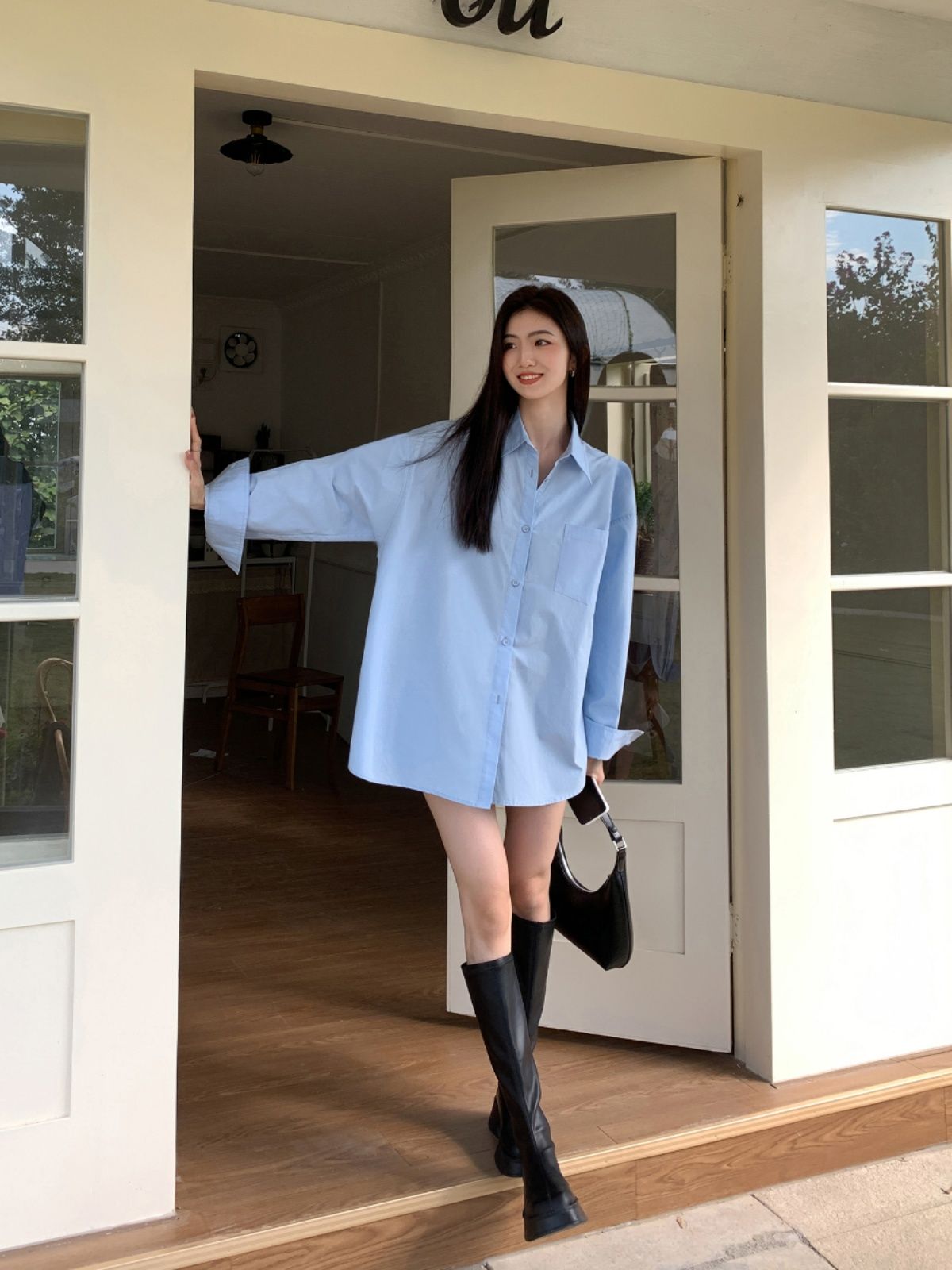 藍色休閒長袖襯衫女2023秋寬鬆慵懶風高級感疊穿氣質時尚洋氣上衣
