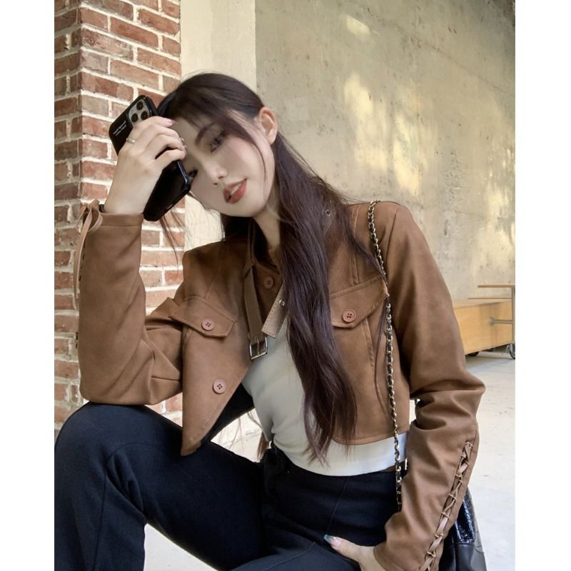 Retro Hong Kong Style Brown Leather Jacket Women's Autumn Design Drawstring Bow Hot Girl Functional Wind Jacket Top