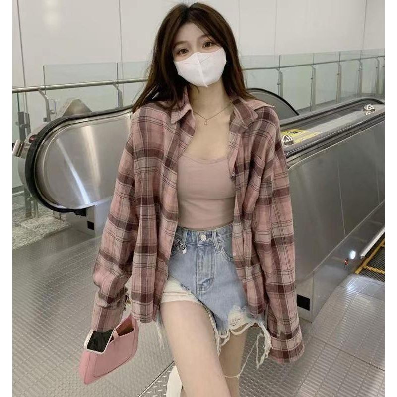 Plaid long-sleeved chic Hong Kong style retro thin shirt women's loose 2024 spring and autumn shirt power style jacket