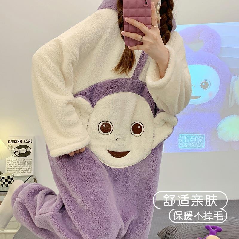 可愛卡通動漫天線寶寶珊瑚絨連體睡衣女冬季加厚保暖可外穿家居服