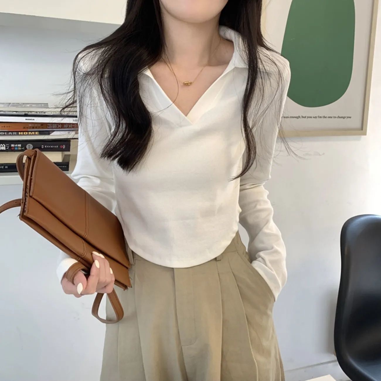 美式辣妹正肩長袖t恤女春秋新款設計感修身顯瘦遮肉polo領上衣ins