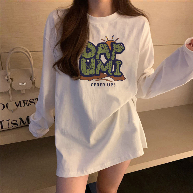 100%純棉長袖t恤女春季新款學生韓版寬鬆字母印花白色打底衫ins潮