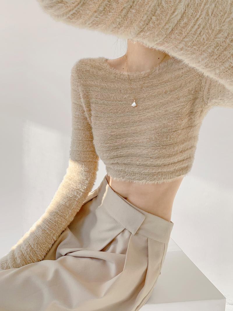 Soft and pure lusty style short navel-baring plush top spring and autumn high-waisted long-sleeved pullover round neck knitted sweater for women