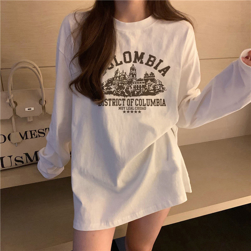 100%純棉長袖白色t恤女學生時尚秋冬新款內搭打底衫寬鬆上衣體恤