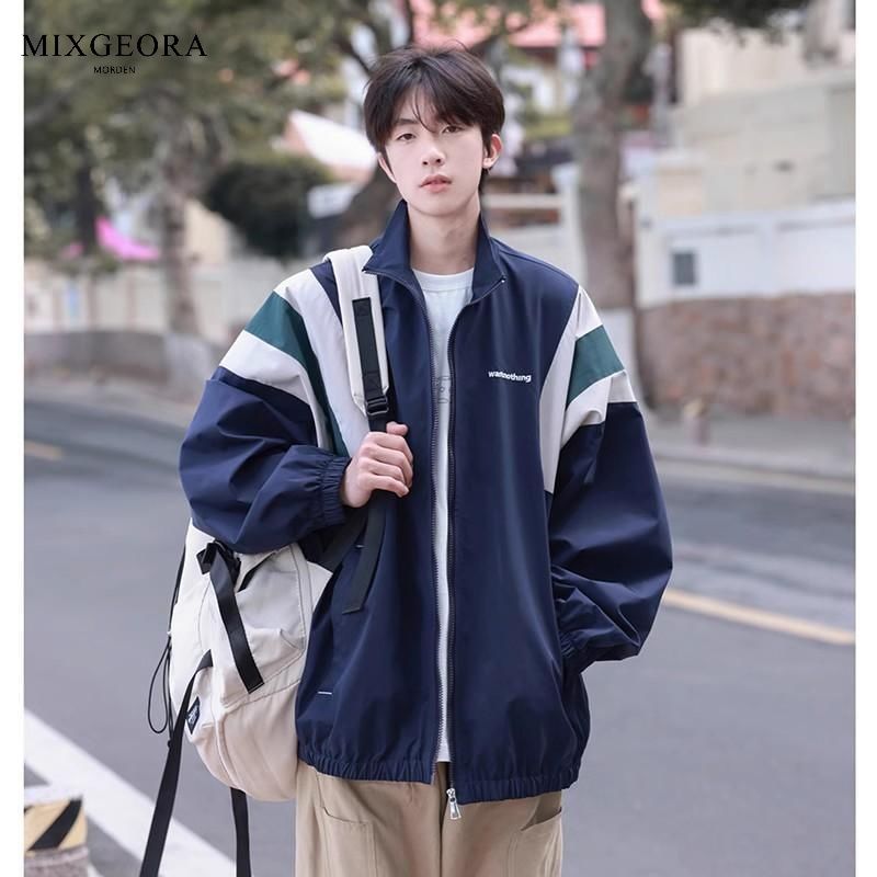 MIX GEORA Jacket Men's Spring and Autumn American Retro Splicing Contrast Color Loose Casual Stand-Collar Jacket