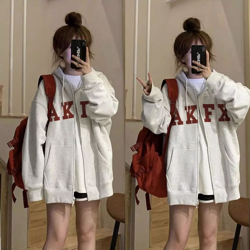100%重磅純棉衛衣女春秋季2023新款寬鬆連帽拉鏈開衫oversize外套