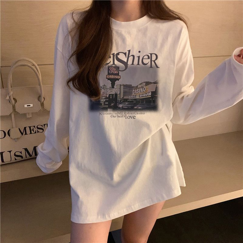 100%純棉白色打底衫女春秋2023新款長袖內搭上衣韓版寬鬆秋衣T恤