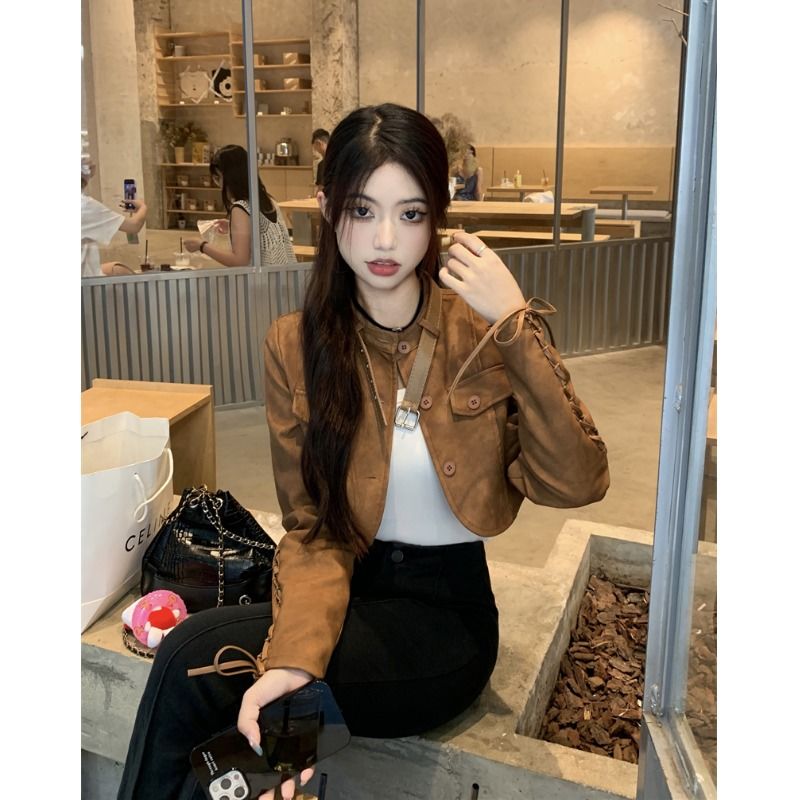 Retro Hong Kong Style Brown Leather Jacket Women's Autumn Design Drawstring Bow Hot Girl Functional Wind Jacket Top