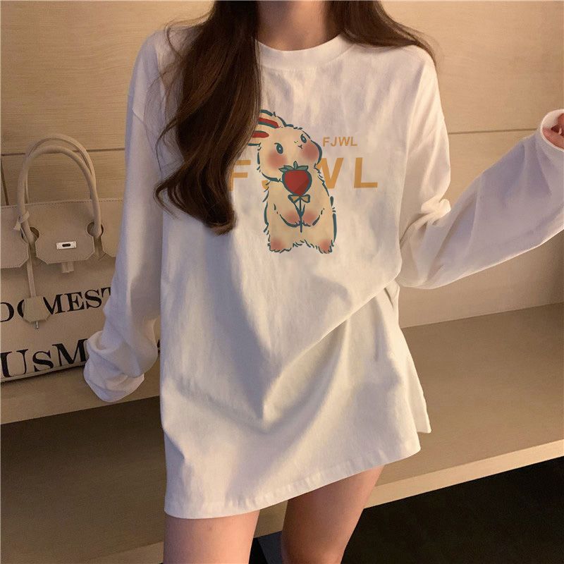 100%純棉長袖t恤女秋季2023新款韓版寬鬆百搭印花打底衫上衣ins潮