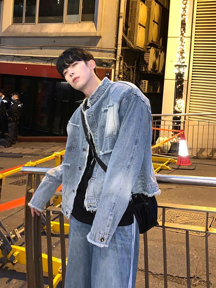 AP MMDD Korean style street shoulder pads trendy brand stand collar denim jacket washed distressed denim jacket ins for men