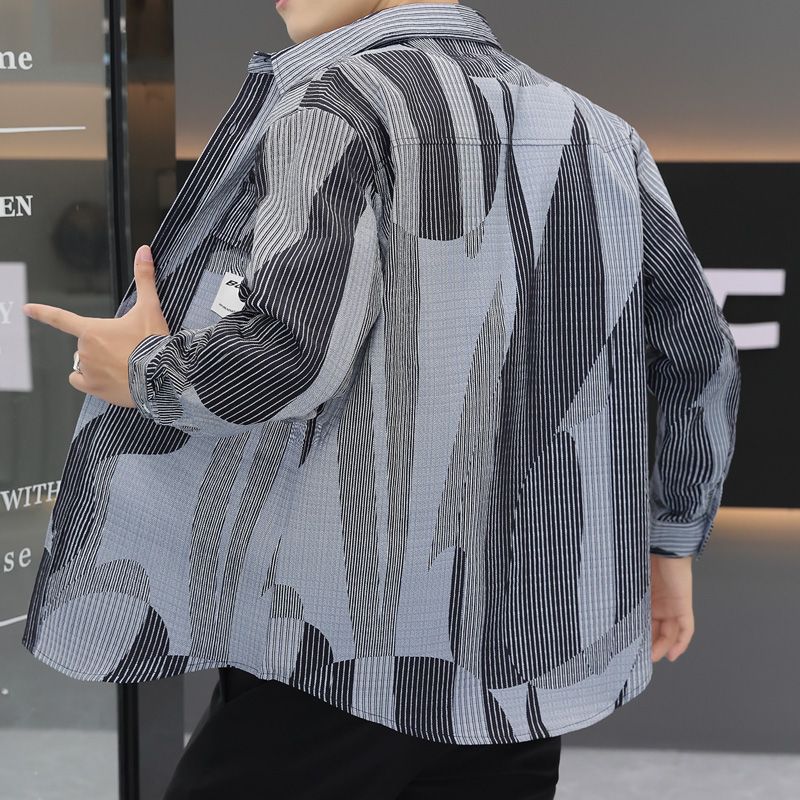 韩版帅气长袖衬衫男士2023秋季条纹复古工装衬衣青年休闲宽松外套