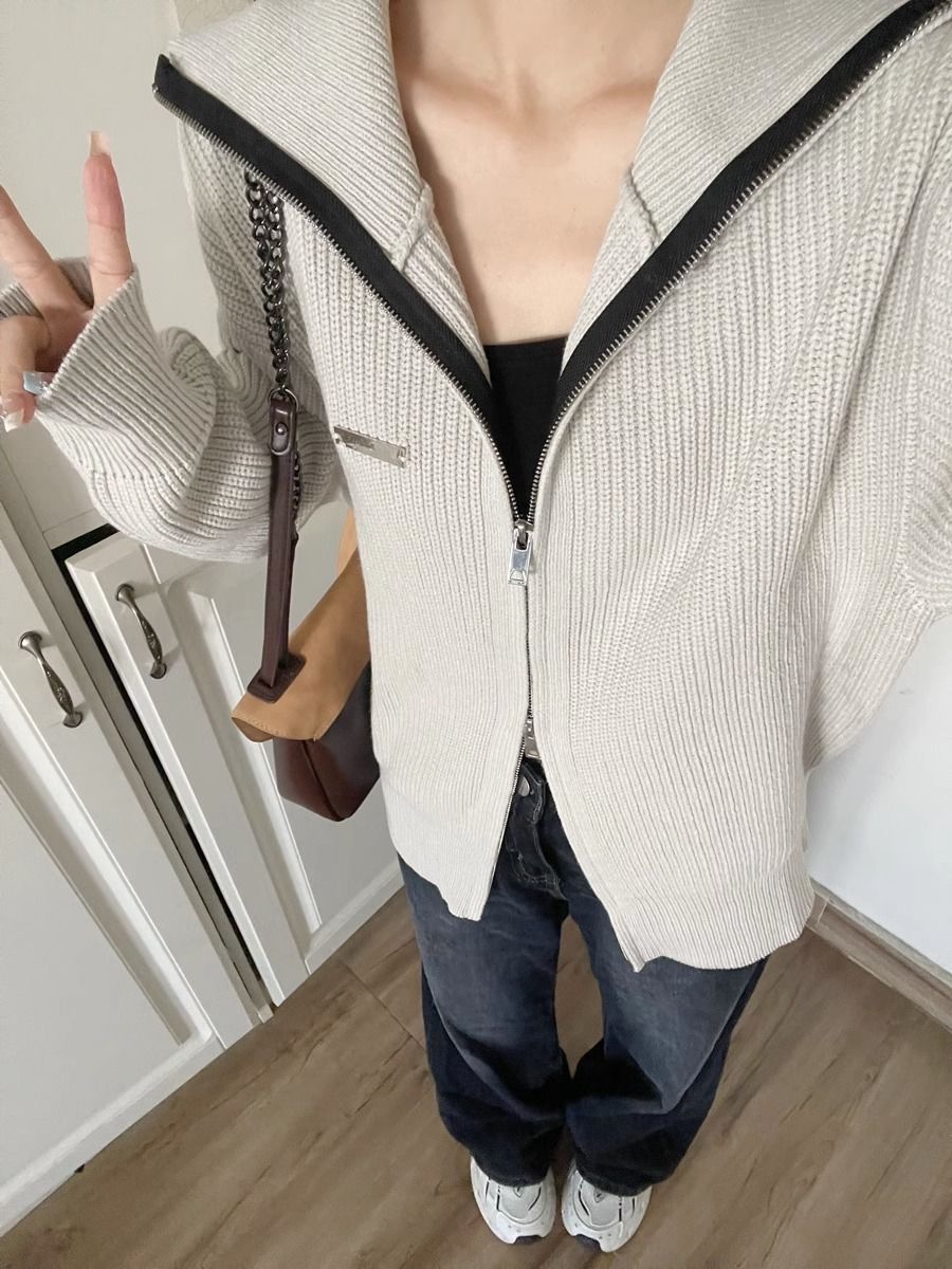 灰色針織外套毛衣女秋季新款寬鬆顯瘦長袖開衫小眾設計感拉鏈上衣