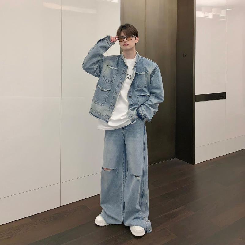 cuibuju old raw edge shoulder pad denim jacket men's loose niche ripped design casual jacket suit trendy