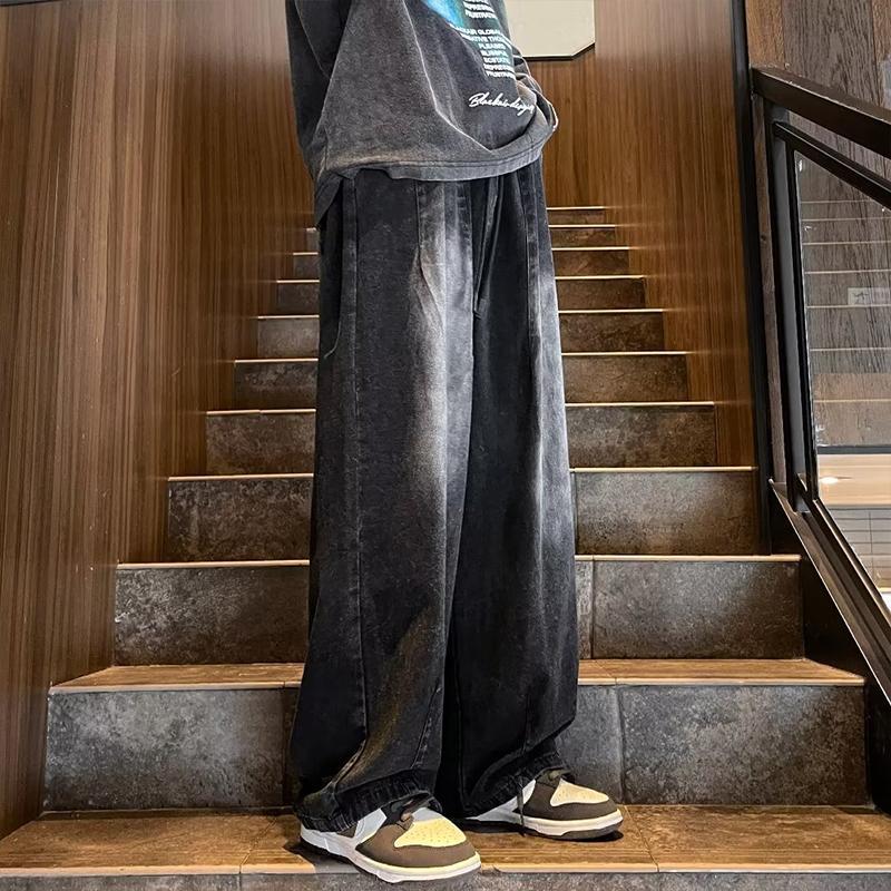 Black gradient jeans men's autumn American high street vibe straight loose loose handsome wide leg casual long pants