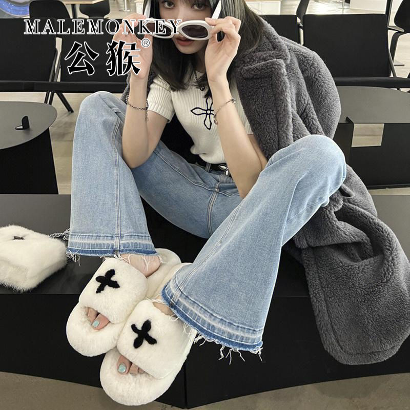 2023秋冬新款SMFK黑白拼色十字花羊毛拖鞋女網紅外穿厚底毛毛拖鞋