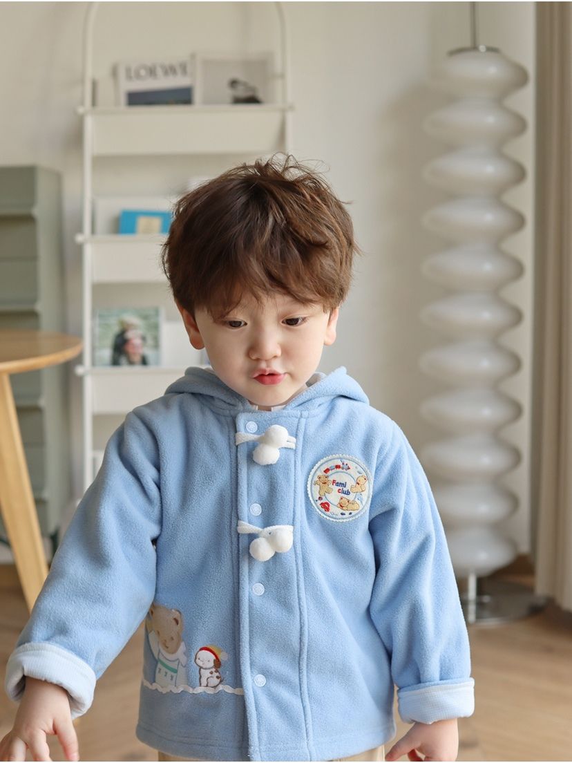 Japanese style children's polar fleece jacket, autumn and winter boys and girls cute and cute bear hooded warm top