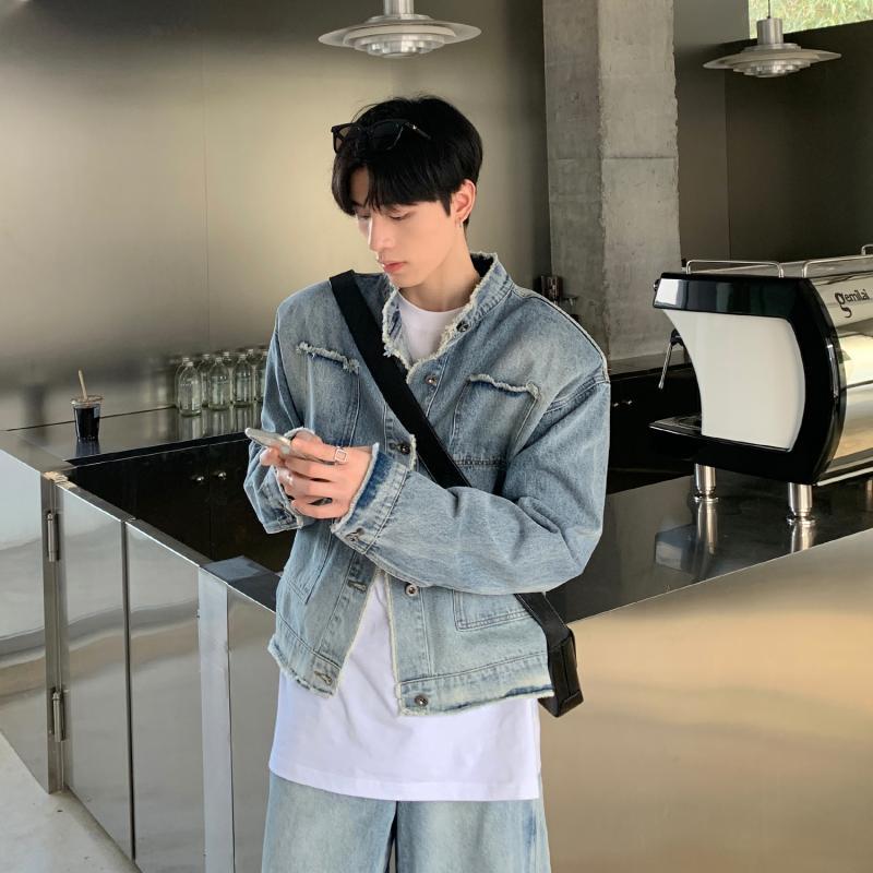 ONELYC1NS raw edge stand collar washed shoulder pad denim jacket men's Korean style autumn short jacket suit trend