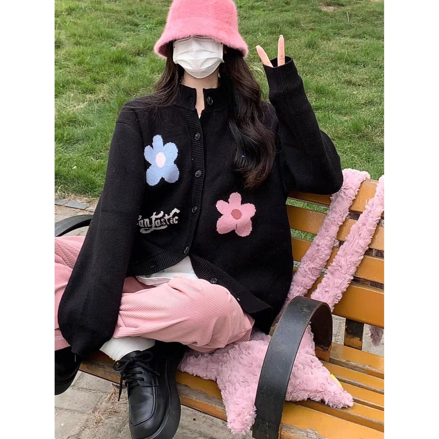 日系復古學院風開衫花朵針織衫外套秋冬溫柔慵懶風小眾設計感毛衣