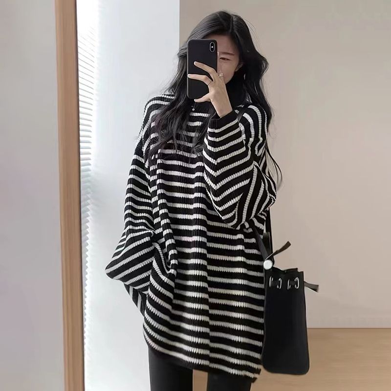 oversize條紋毛衣女秋冬寬鬆慵懶風別致獨特上衣秋裝新款上衣