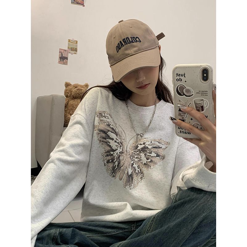 100%重磅純棉衛衣女春秋薄款2023新款韓版寬鬆圓領長袖無帽上衣潮