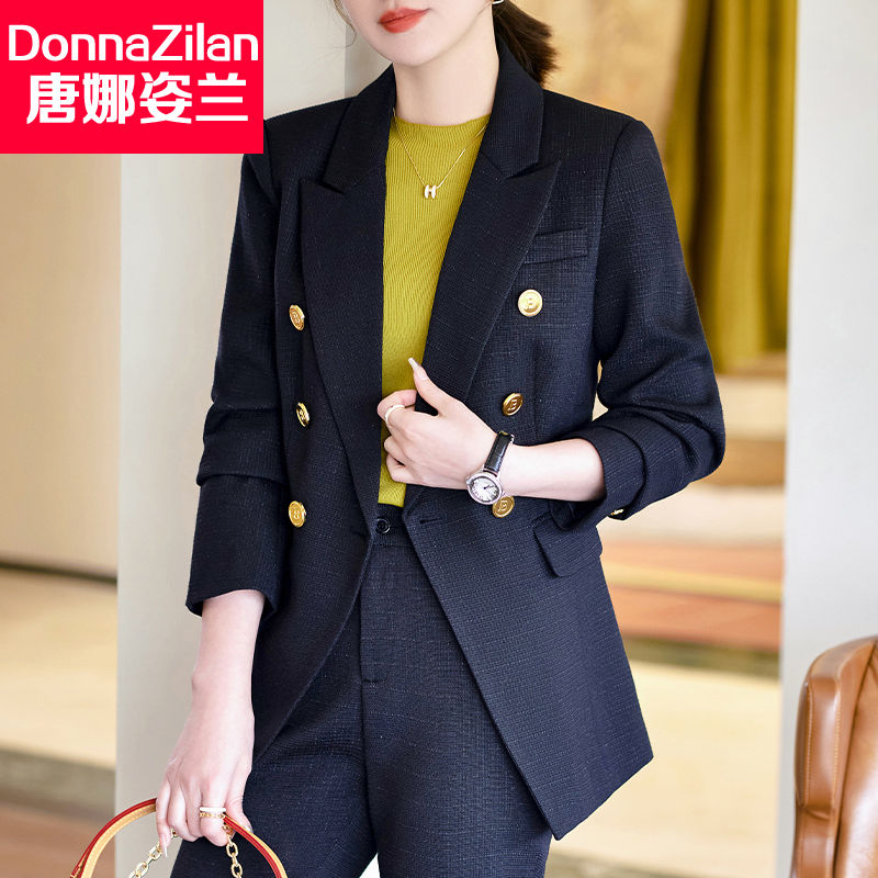 高級感黑色西裝外套女春秋2023新款女神范職業正裝雙排扣西服套裝