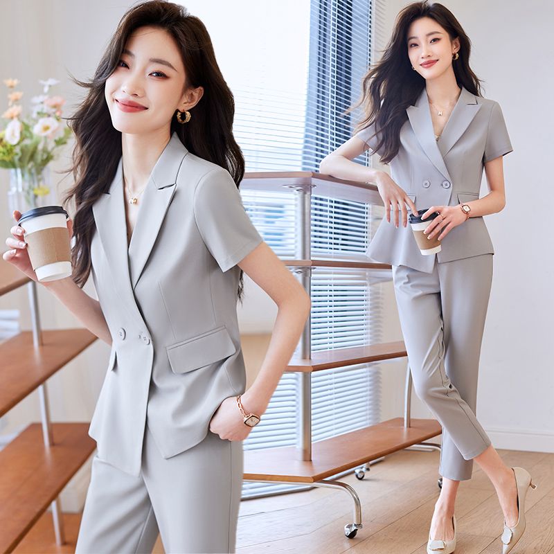 灰色短袖西装套装女夏季薄款气质修身职业装正装小西服外套工作服