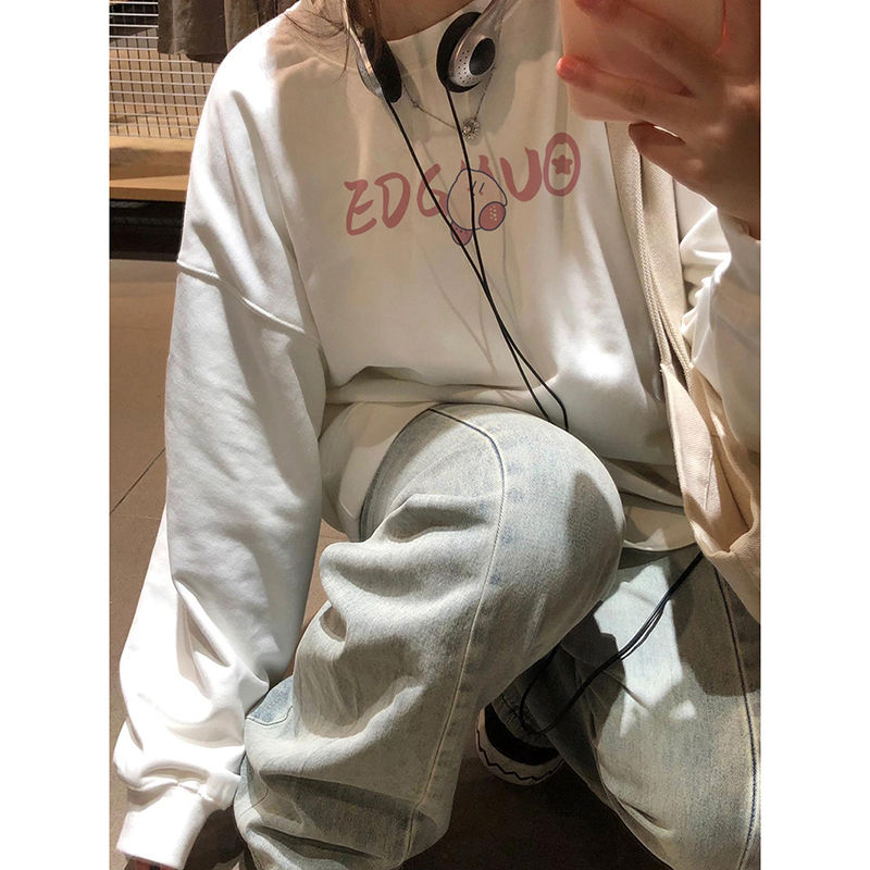 100%重磅純棉oversize圓領衛女春秋季2023新款設計感小眾慵懶上衣