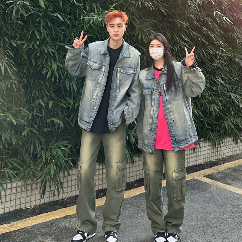 American casual couple wear washed shoulder pad denim jacket for men and women spring and autumn Korean style bf loose retro jacket top