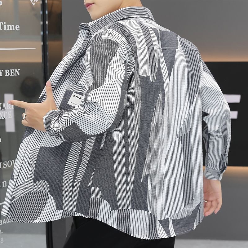 韩版帅气长袖衬衫男士2023秋季条纹复古工装衬衣青年休闲宽松外套