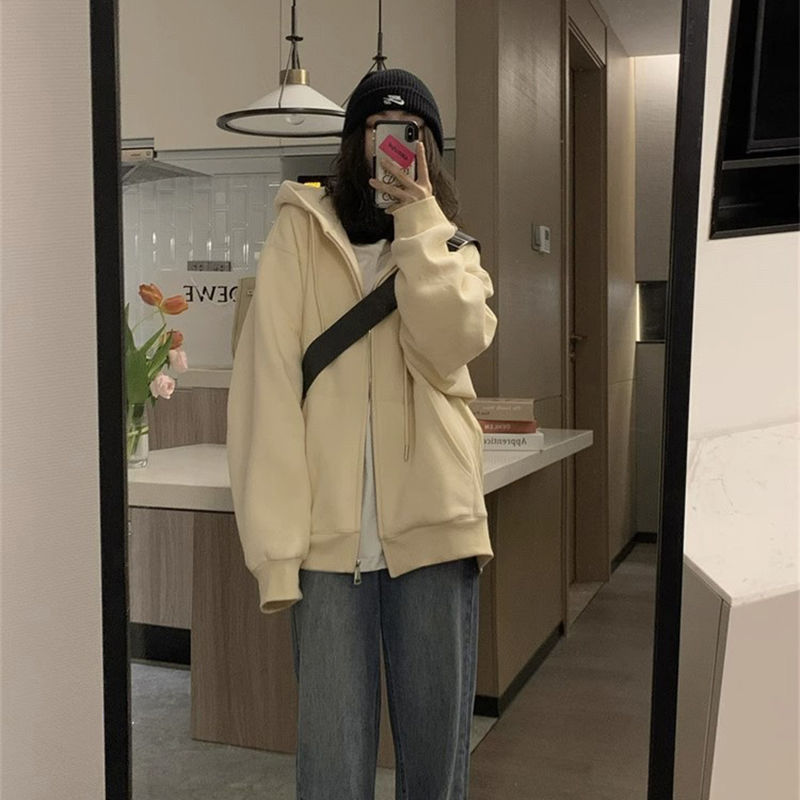 100%重磅純棉純色衛衣外套女2023春秋慵懶風拉鏈開衫寬鬆連帽上衣